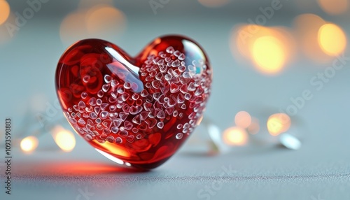 red glass heart lies on light background