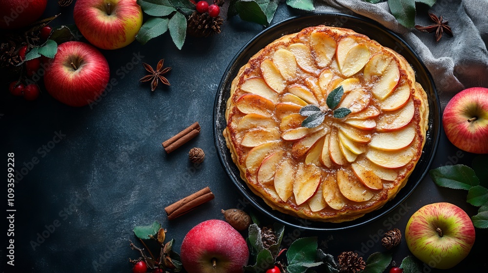 A freshly baked apple tart garnished with cinnamon and surrounded by apples and spices, highlighting the essence of culinary art and homemade dessert flavors. A freshly baked apple tart garnished with cinnamon and surrounded by apples and spices, highlighting the essence of culinary art and homemade dessert flavors.