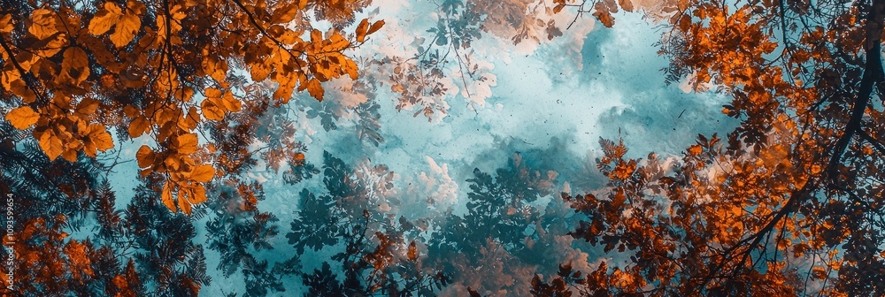 Abstract background with blue, green, orange, and brown autumn leaves Abstract background with blue, green, orange, and brown autumn leaves