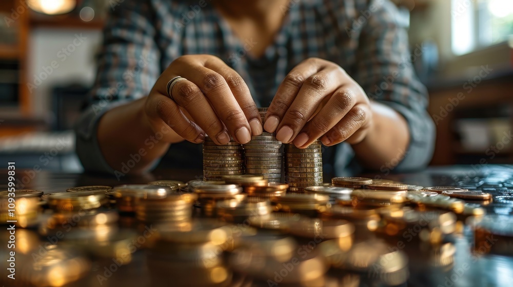 Focused individual stacking coins carefully on a table in a bright, cozy home environment. Generative AI Focused individual stacking coins carefully on a table in a bright, cozy home environment. Generative AI