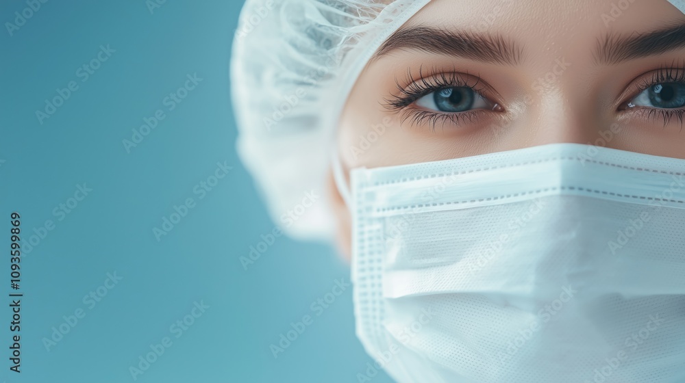 Close-Up of Medical Professional Wearing Face Mask and Cap. themes of healthcare, safety, and dedication. Close-Up of Medical Professional Wearing Face Mask and Cap. themes of healthcare, safety, and dedication.