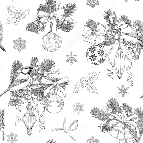 Christmas linear seamless pattern with birds fir branches toys bows bells mistletoe holly snowflakes ribbons. Black white Hand drawn vector background for design holidays package paper new year decor