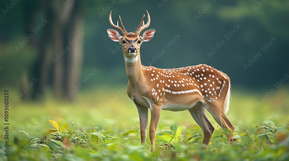 A graceful deer, with striking antlers, stands alert in a lush forest clearing, embodying the elegance and beauty of wildlife in its natural habitat. A graceful deer, with striking antlers, stands alert in a lush forest clearing, embodying the elegance and beauty of wildlife in its natural habitat.