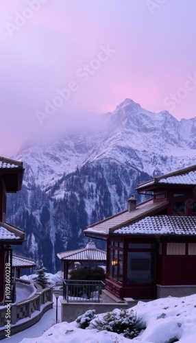 Wallpaper Mural mountains in the background with snow on the ground and a red building Torontodigital.ca