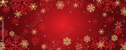 Winter Christmas pattern of golden snowflakes on red background. Fake snow and stars design for New Year cover, banner, greeting card, vector illustration.