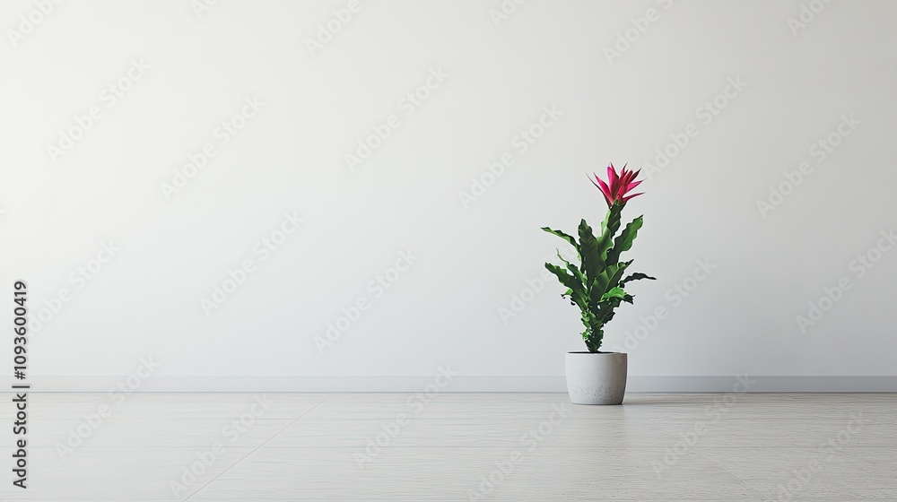 A single potted plant stands against a white wall A single potted plant stands against a white wall