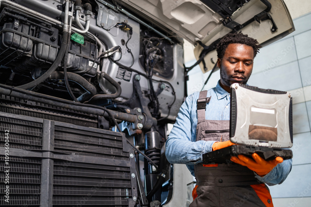 Experienced truck serviceman analyzing parameters on laptop computer and repairing vehicle. Experienced truck serviceman analyzing parameters on laptop computer and repairing vehicle.