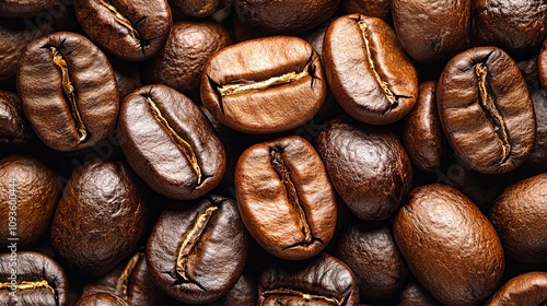 A detailed view of roasted coffee beans showcases their rich, varied textures, emulating an intense aroma and the promise of delicious, energizing brews. photo