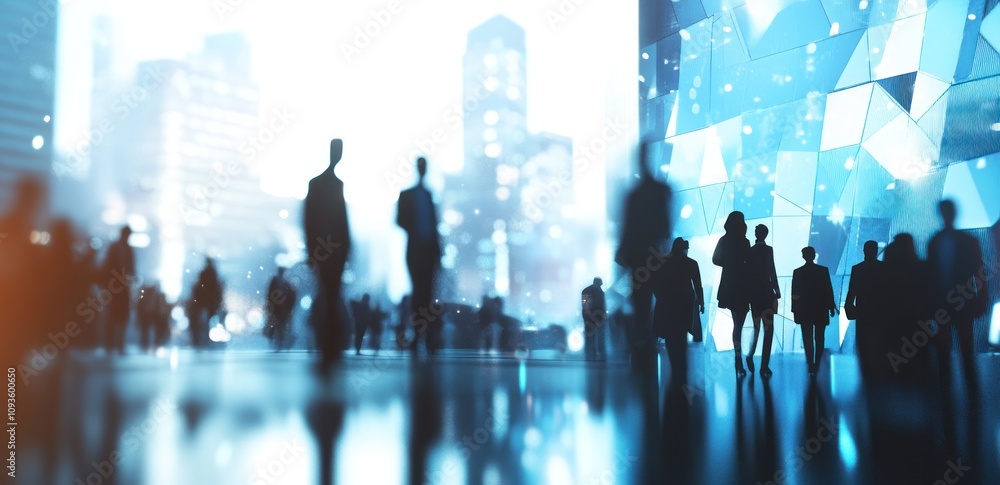 A cityscape with silhouettes of people against a modern, illuminated background. A cityscape with silhouettes of people against a modern, illuminated background.