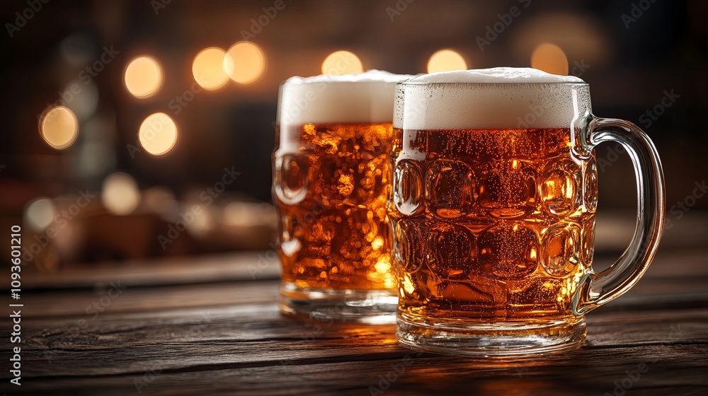 Pair of frothy beer mugs sit on a rustic wooden table, illuminated by warm lighting in an inviting atmosphere perfect for social gatherings. Pair of frothy beer mugs sit on a rustic wooden table, illuminated by warm lighting in an inviting atmosphere perfect for social gatherings.
