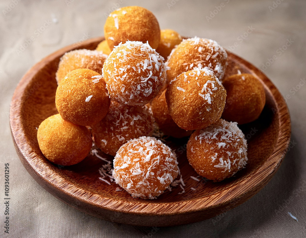 A decorative bowl containing coconut balls is placed on a table, inviting enjoyment of this sweet delicacy. A decorative bowl containing coconut balls is placed on a table, inviting enjoyment of this sweet delicacy.