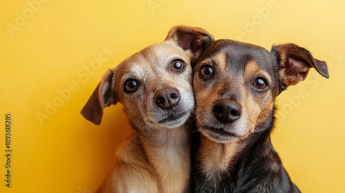 Two adorable small dogs with expressive eyes stand closely posed against a vibrant yellow backdrop, showcasing companionship and affection.