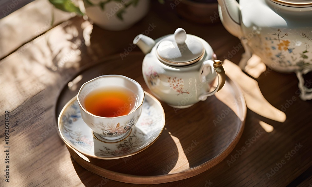 Top-View Tea Setup with a single cup and a small teapot Top-View Tea Setup with a single cup and a small teapot