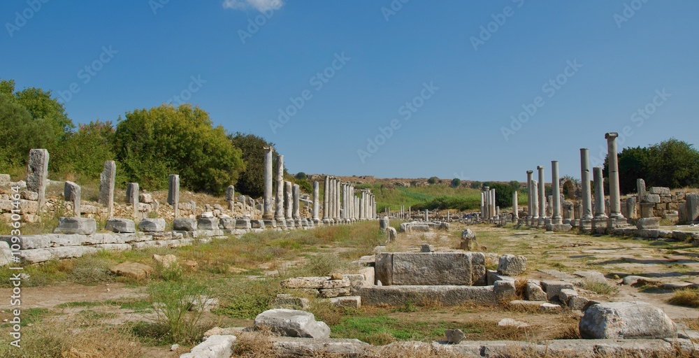 The main street with fountain in the ancient city of Perge Ruins in Turkey