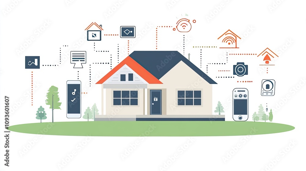 Smart home technology connecting devices to a house via network. Smart home technology connecting devices to a house via network.