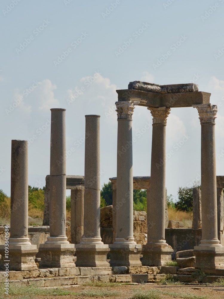 The agora with columns in the ancient city of Perge Ruins in Turkey