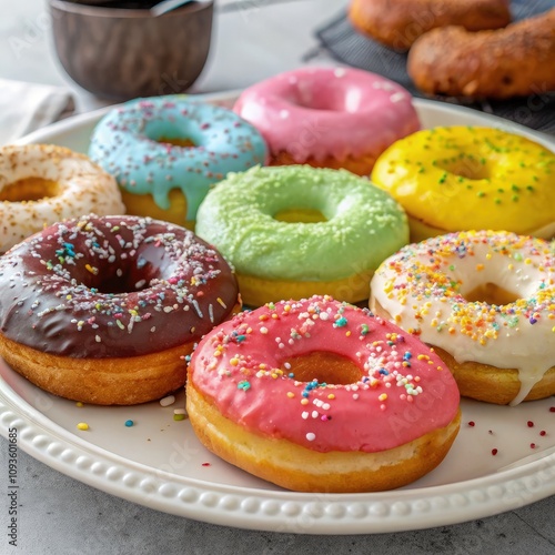 Colorful American Donuts Arranged on a Platter for a Delightful Treat. Generative AI