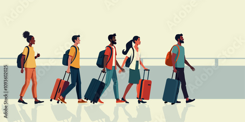Diverse Travelers Walking Suitcase Airport Terminal