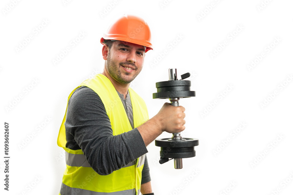Smiling construction worker wearing hardhat holding dumbbell Smiling construction worker wearing hardhat holding dumbbell