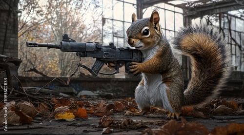 A cartoonish squirrel wielding a rifle in a derelict environment with autumn leaves. photo