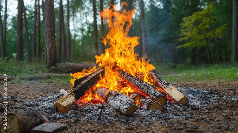 Roaring fire engulfing a pile of dry wood in a forest clearing Roaring fire engulfing a pile of dry wood in a forest clearing