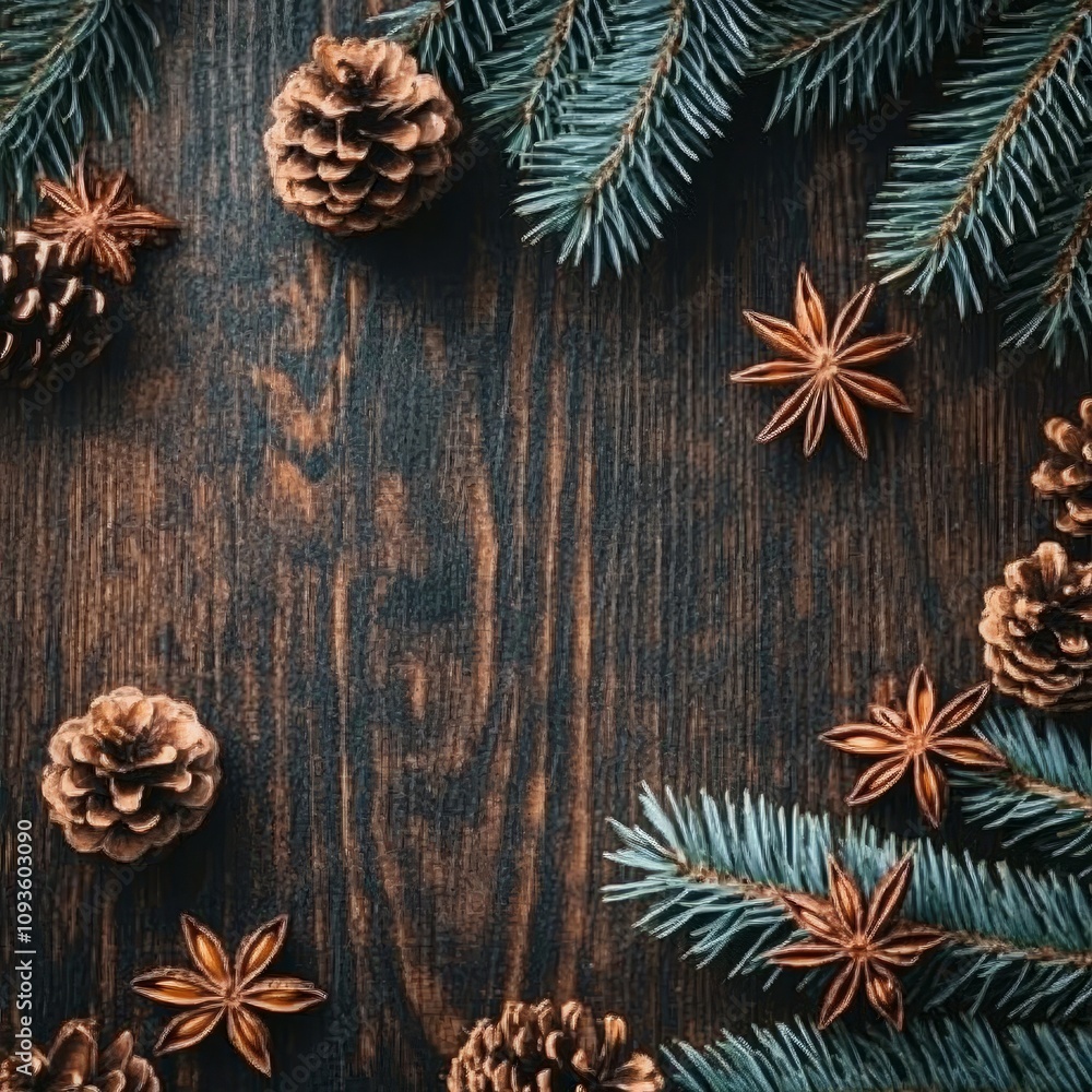 Christmas composition with copy space. Christmas cones, fir branches on wooden background. Flat lay, top view Christmas composition with copy space. Christmas cones, fir branches on wooden background. Flat lay, top view