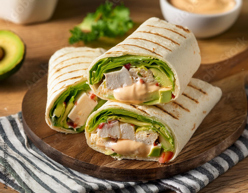 Grilled chicken avocado wraps on a plate with fresh avocado and greens, healthy and delicious lunch option.