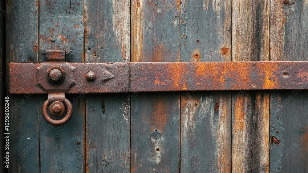 Rustic barn door with a sliding mechanism and iron fittings. Rustic barn door with a sliding mechanism and iron fittings.