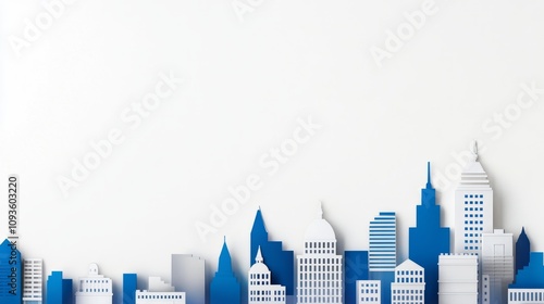 Minimalist blue and white city skyline illustration with modern architecture on a clean background. photo