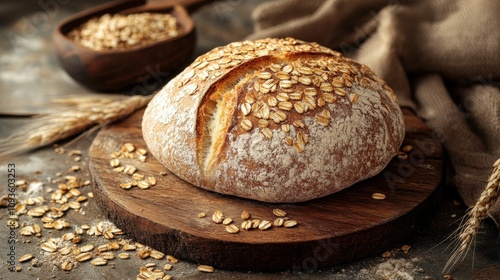 Rustic bread loaf surrounded by scattered grains on wooden board