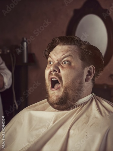 Heavy Pig Getting a Haircut While Reacting With Anger and Surprise. Generative AI photo