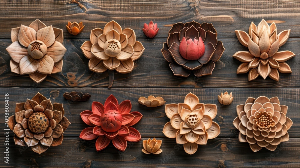 Wooden lotus flowers crafted with precision showcasing natural beauty and intricate designs. Generative AI Wooden lotus flowers crafted with precision showcasing natural beauty and intricate designs. Generative AI