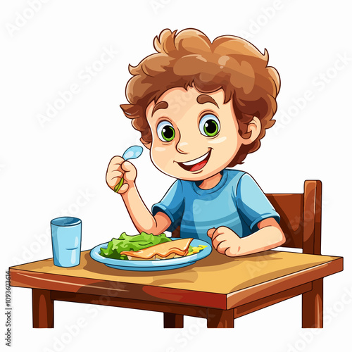 Child Eating at Table Illustration