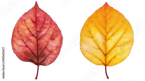 Vibrant autumn leaves on white background: red and yellow contrast