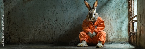 A rabbit in a prison jumpsuit sits in a prison cell.  Metaphor for justice, freedom, punishment.