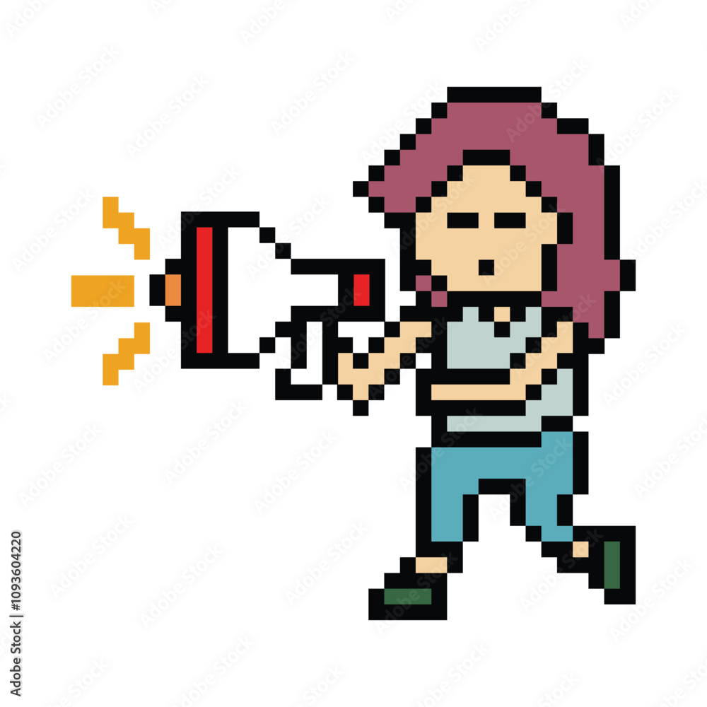 Obraz premium Cute pixel cartoon character woman with megaphone announcement speaker information announce decoration 8 bit female girl lady megaphone cartoon pixel game png vector.