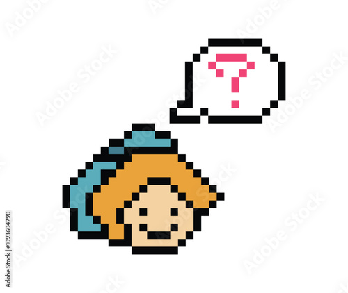 Cute pixel cartoon character woman with question mark decoration 8 bit female girl lady confused idea question think choose cartoon pixel game png vector.