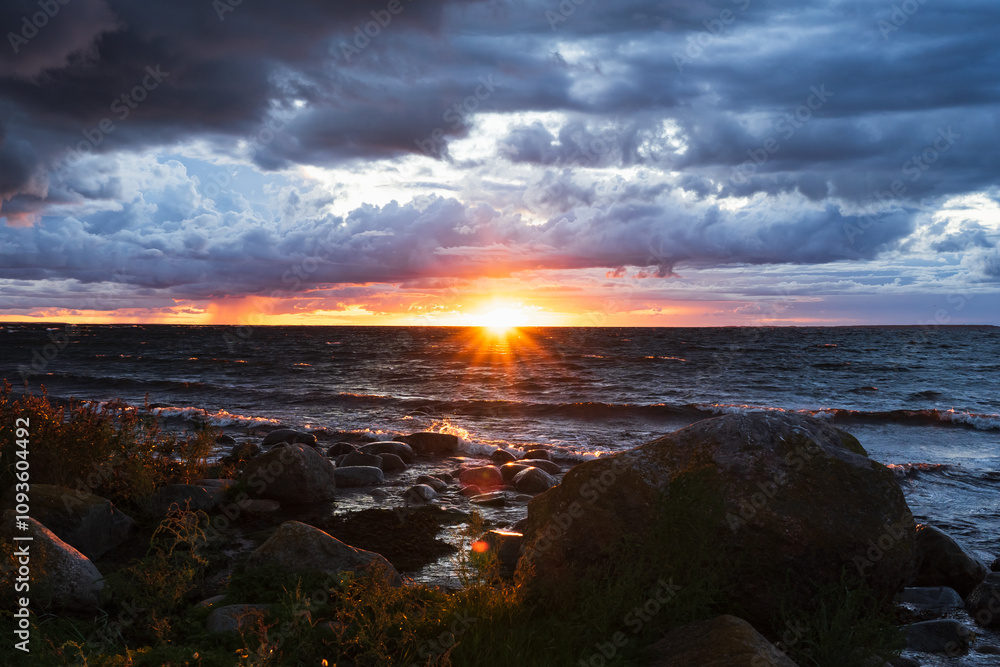 Fototapeta premium Estonian seascape during a storm at sunset in autumn.
