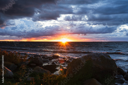 Estonian seascape during a storm at sunset in autumn.