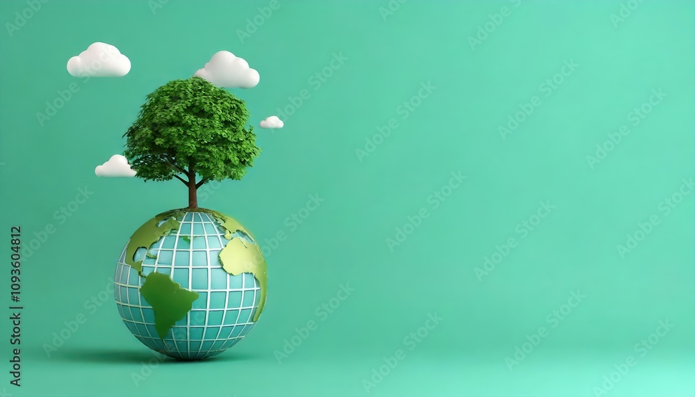 A green globe with a tree and clouds symbolizes environmental sustainability. A green globe with a tree and clouds symbolizes environmental sustainability.
