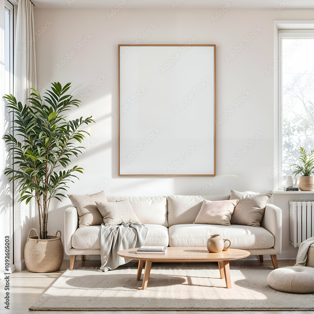 Minimalist Living Room with Neutral Decor and Blank Poster Frame Minimalist Living Room with Neutral Decor and Blank Poster Frame