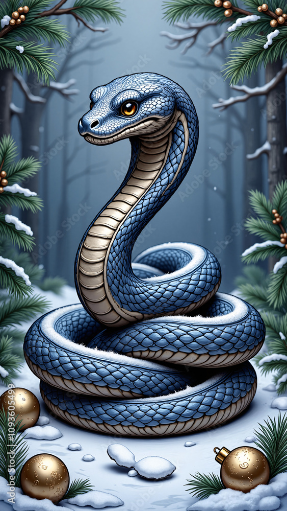 Fototapeta premium Snake a symbol of the year: Blue snake coiled in a snow-covered forest with festive golden ornaments hanging from pine branches, creating a serene winter scene filled with holiday magic and a touch of