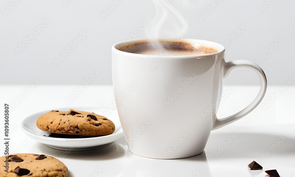 White Coffee Mug with a single cookie next to it on a white background White Coffee Mug with a single cookie next to it on a white background