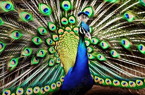 The peacock has spread its tail. The bird has beautiful plumage.