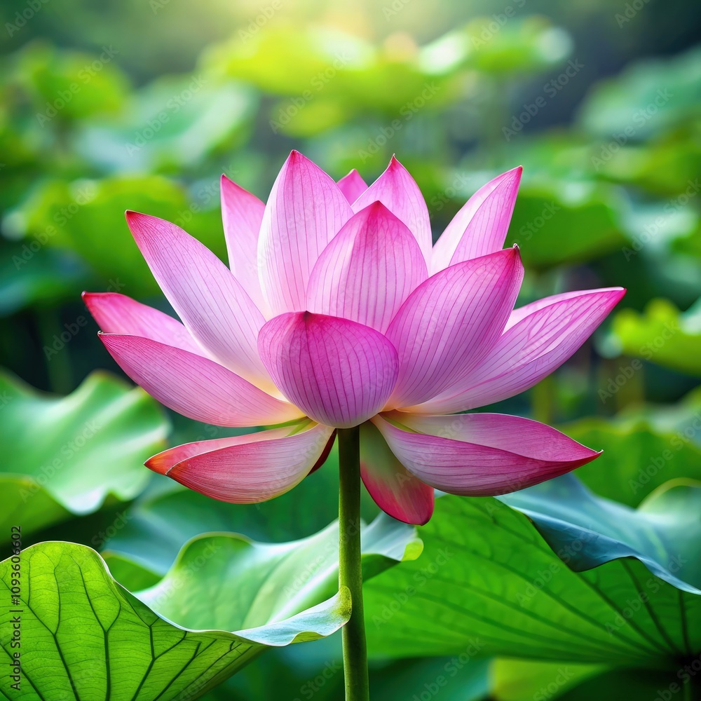 Pink Lotus Flower Blooms in Serene Pond Surrounded by Lush Green Leaves. Generative AI Pink Lotus Flower Blooms in Serene Pond Surrounded by Lush Green Leaves. Generative AI