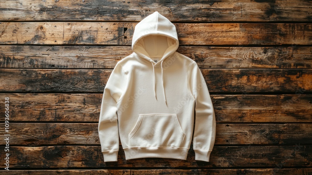 © creatfive - White hoodie on a wooden background, flat lay.