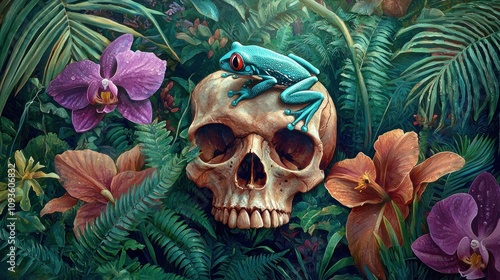 A blue frog sits on a skull in a lush, vibrant jungle scene. photo