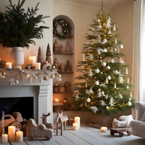 Scandinavian minimalist interior with natural decorations: fir branches, wooden toys and candles. The Christmas tree is decorated with white and gold ornaments