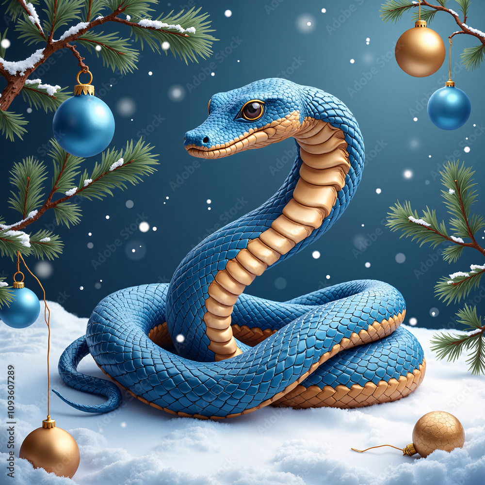 Fototapeta premium Snake a symbol of the year: Blue and orange snake curled up in a snowy winter landscape, surrounded by Christmas decorations, pine tree branches, and golden ornaments, symbolizing the spirit of the Ne