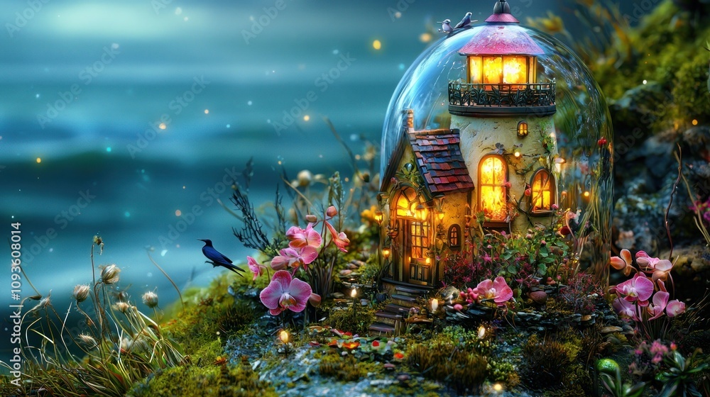 Enchanted miniature lighthouse in a magical world with glowing lights and mystical creatures. Enchanted miniature lighthouse in a magical world with glowing lights and mystical creatures.
